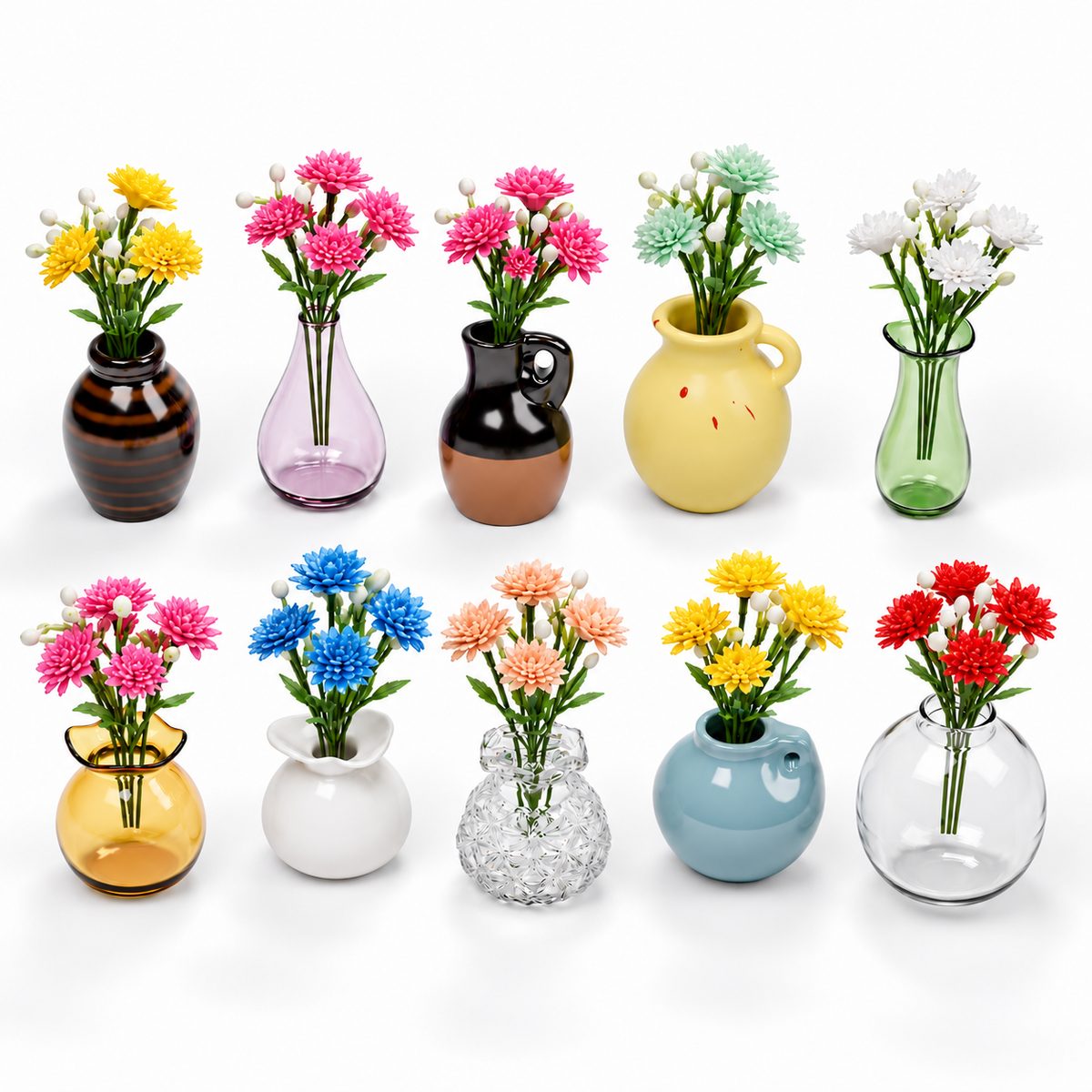 Ten magnetic mini vases in ceramic and glass, each holding a small bouquet of colorful faux flowers