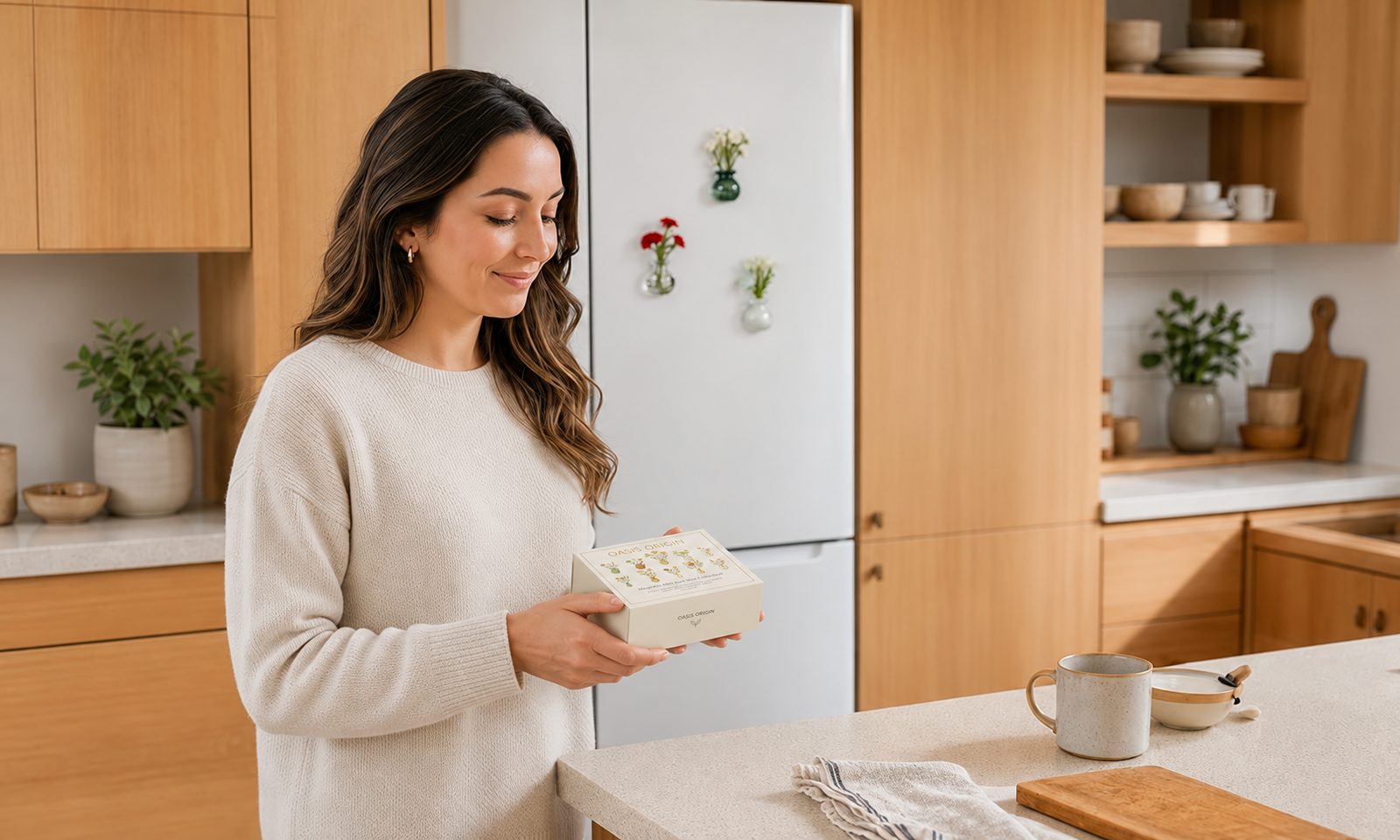 A woman in a bright kitchen holding the OASIS ORIGIN gift box, with mini flower vases on the refrigerator behind her
