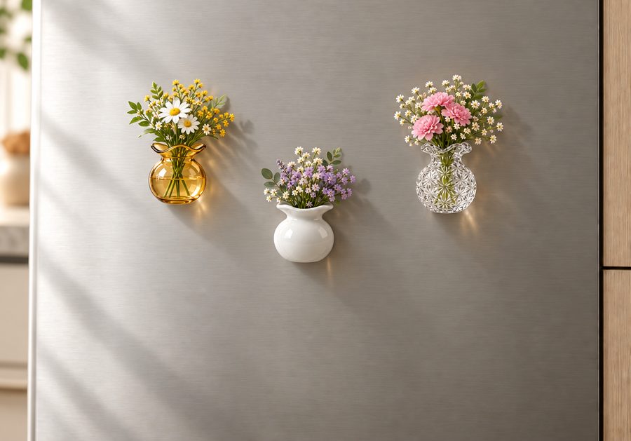 Amber, white and textured-glass vases with flowers on a stainless refrigerator