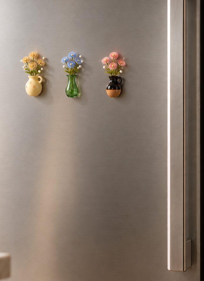 Three small vases in a row on a kitchen refrigerator